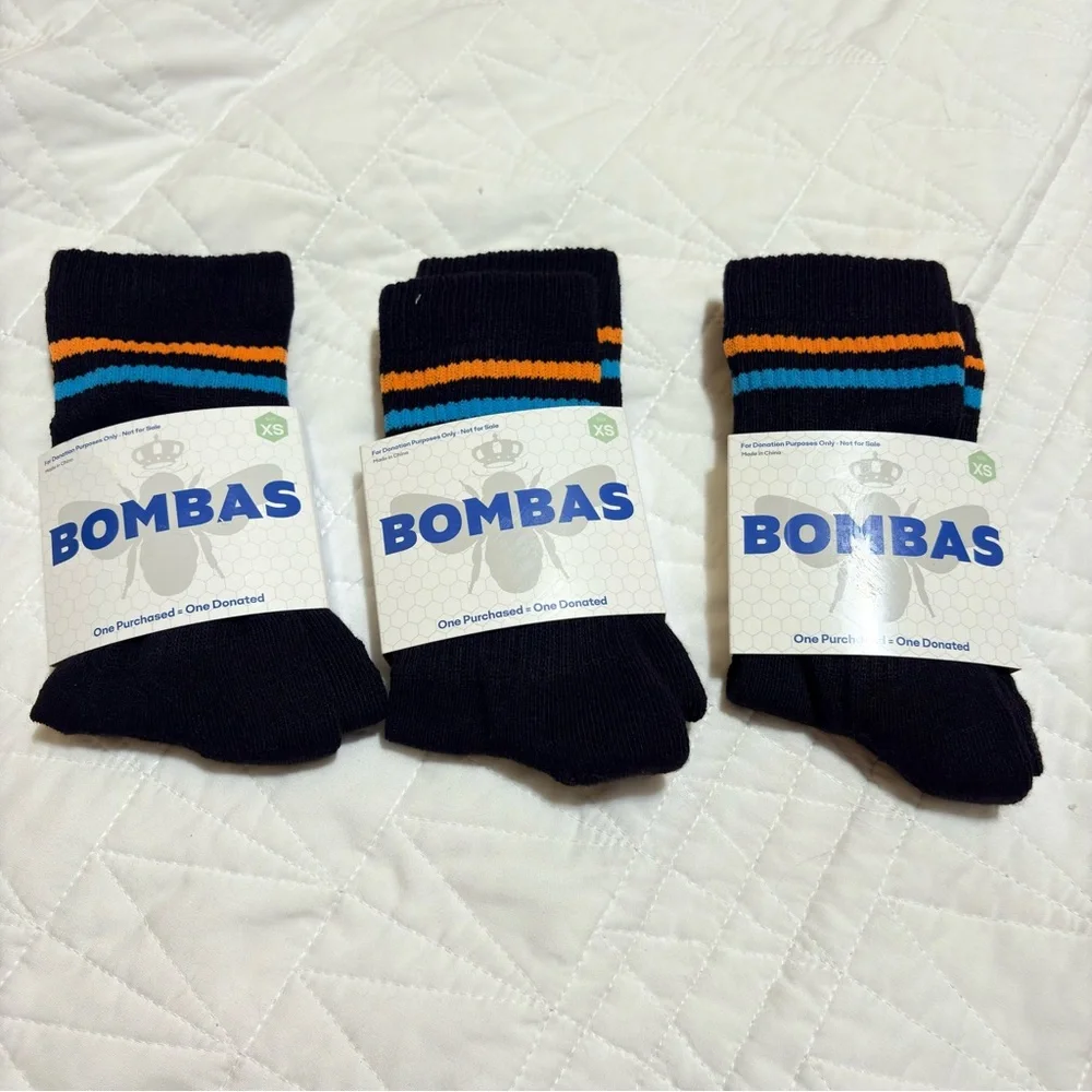 Bombas XS Black Calf Socks Blue Orange Stripes Honeycomb Grip New Set of 3